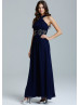 Navy Blue Chiffon Beads Halter Neckline Long Prom Dress 